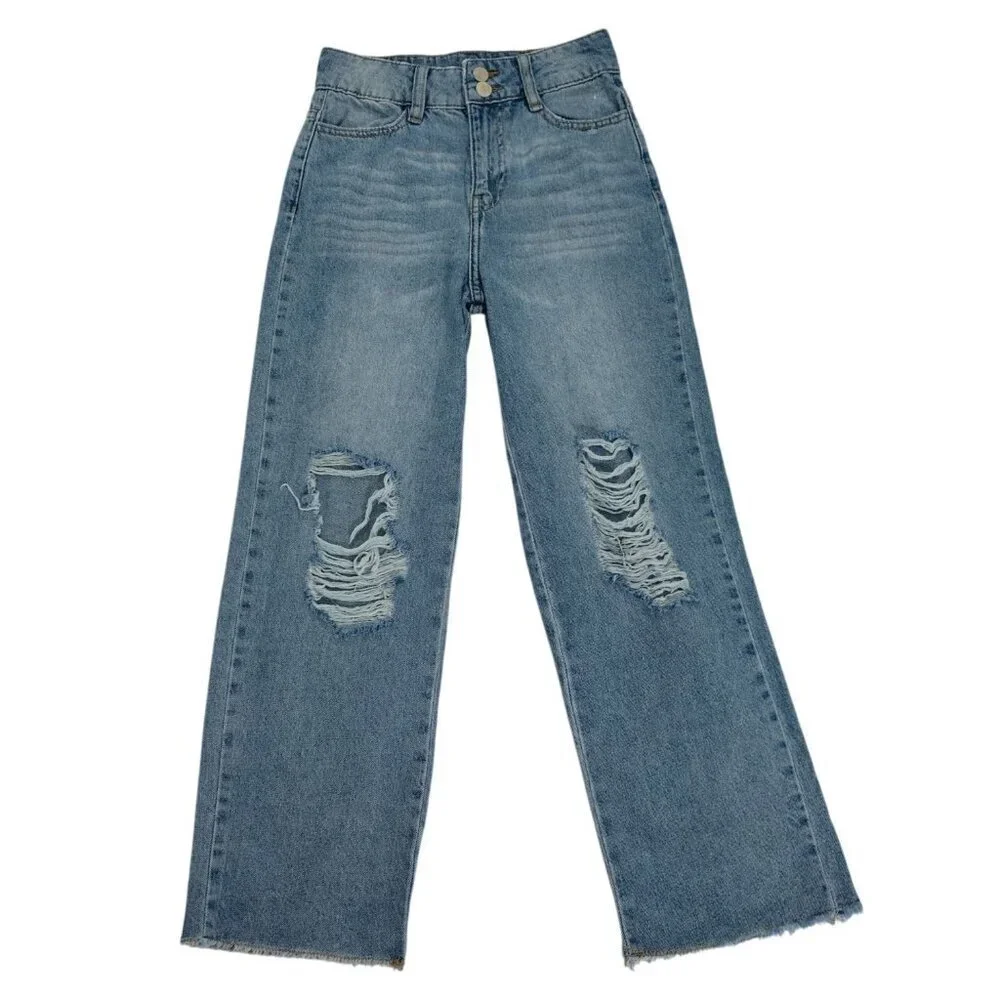 Vintage-Inspired Womens High-Waisted Distressed Blue Denim WideLeg Jeans Size 12